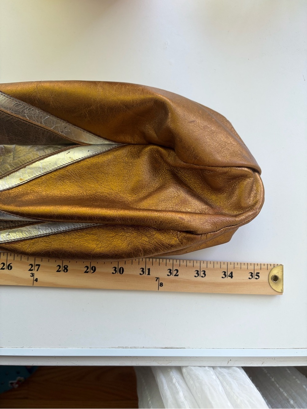 Vtg Holt Renfrew Metallic Leather Bucket Bag Italy Drawstring Patchwork 35" Y2K - Picture 13 of 13
